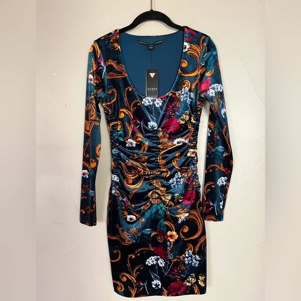 Guess long sleeve bodycon mini dress Small, velvet floral dark‎ teal gold NWT